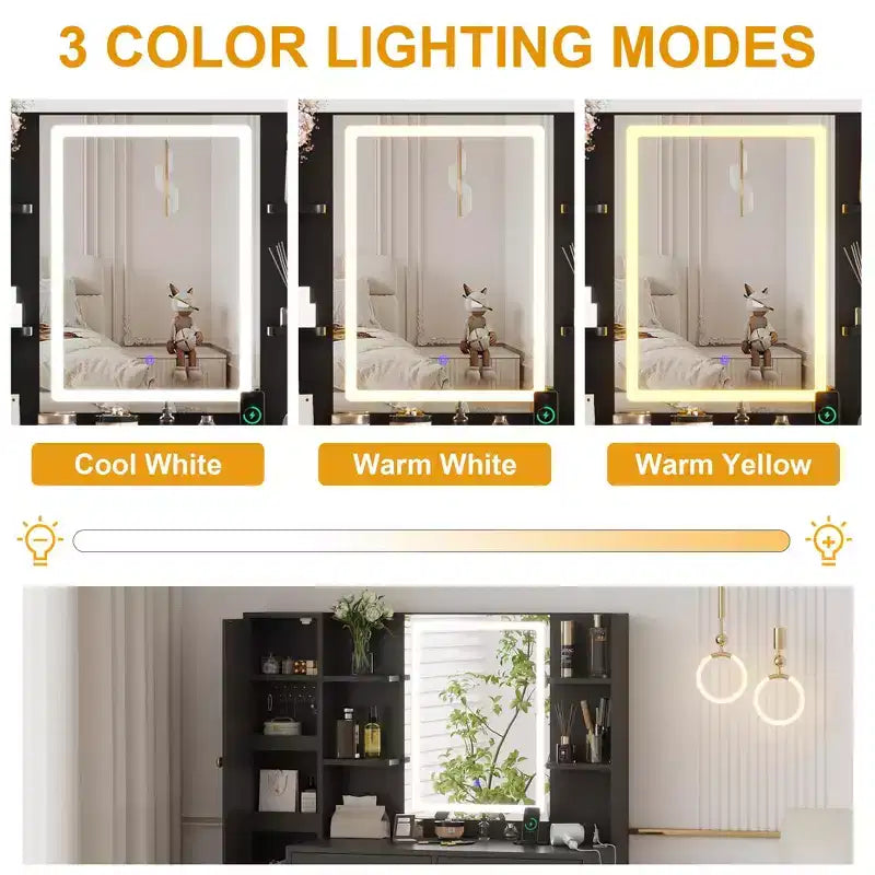 Toeletta Trucco con Specchio Illuminato, Scrivania da Trucco con Luci a 3 Colori, Toeletta Bianca con Stazione di Ricarica, Mobile Visibile con Luci a Led