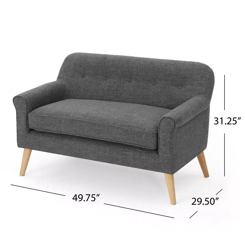 Divanetto trapuntato Mid-Century Modern con braccioli arrotolati e gambe svasate in legno di gomma
