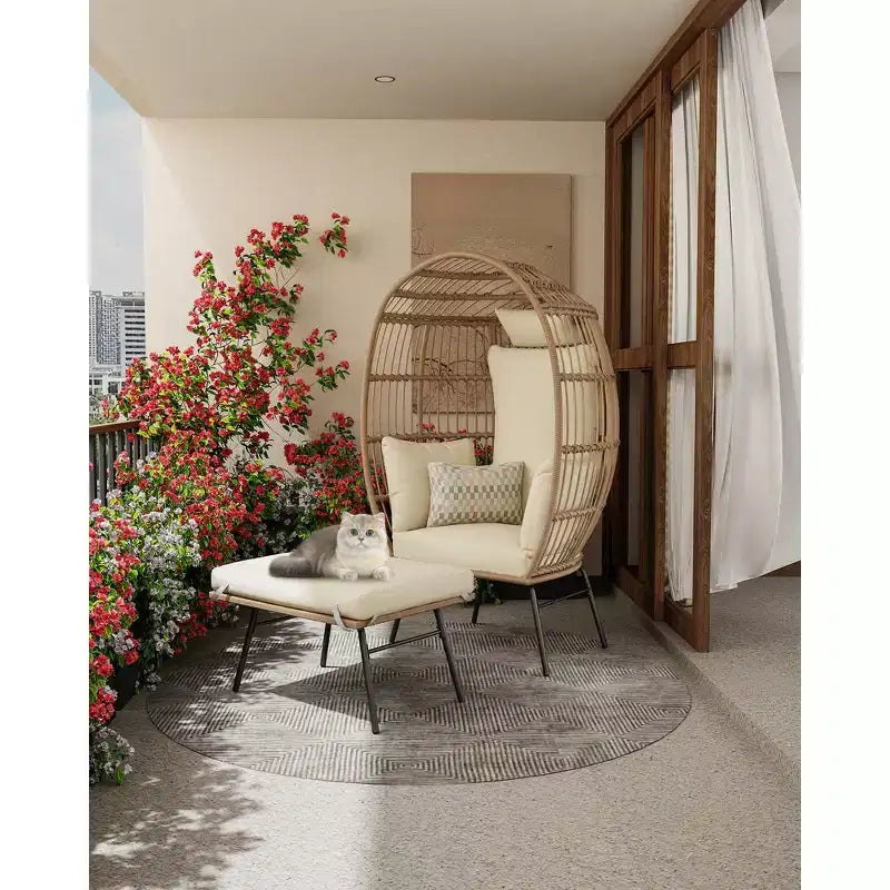 Sedia a Uovo in Vimini con Pouf, Poltrona a Cesto a Uovo con Cuscino Spesso, Comoda Poltrona a Uovo in Rattan per Interni Esterni Patio Portico Giardino