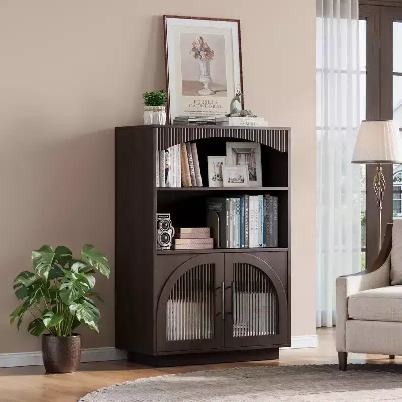 Libreria a 3 ripiani da 46" con ante in vetro – Libreria piccola nera
