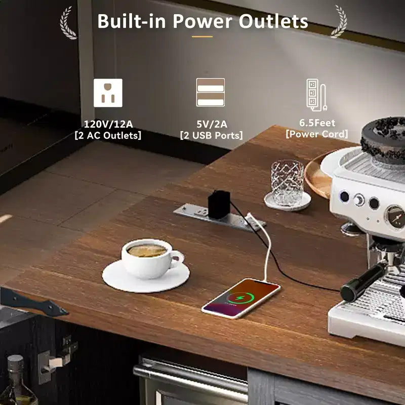 Isola da cucina mobile da 54,5" stile rustico con presa elettrica, ribalta e portaspezie