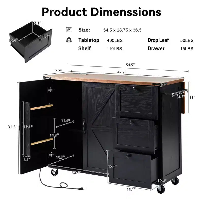Isola da cucina mobile da 54,5" stile rustico con presa elettrica, ribalta e portaspezie