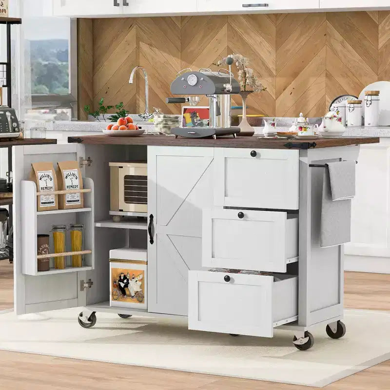 Isola da cucina mobile da 54,5" stile rustico con presa elettrica, ribalta e portaspezie