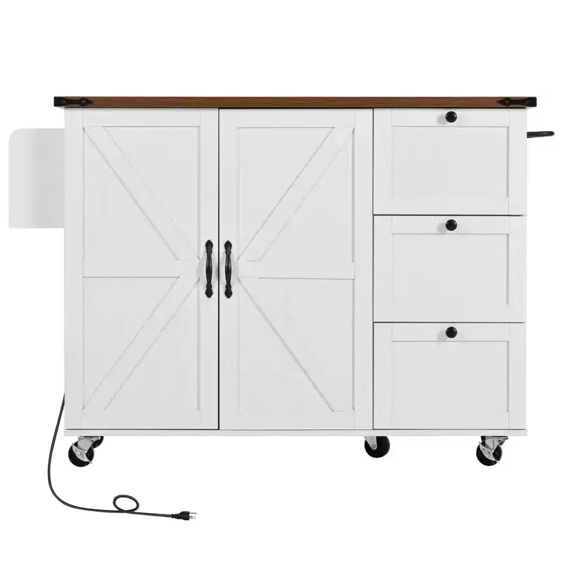 Isola da cucina mobile da 54,5" stile rustico con presa elettrica, ribalta e portaspezie