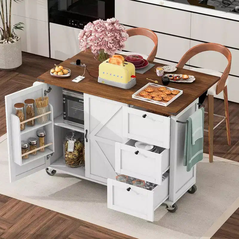 Isola da cucina mobile da 54,5" stile rustico con presa elettrica, ribalta e portaspezie