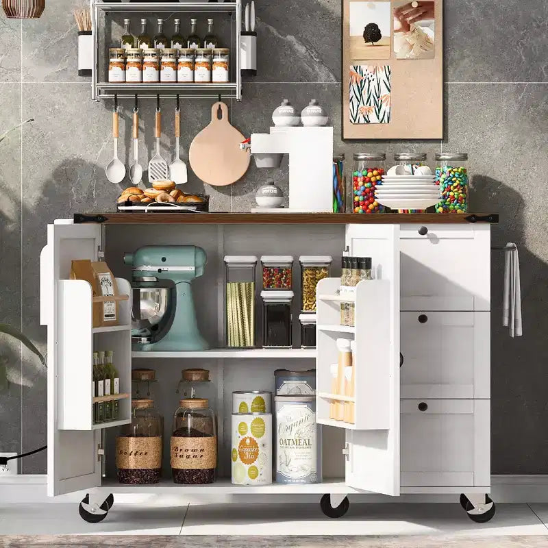 Isola da cucina mobile da 54,5" stile rustico con presa elettrica, ribalta e portaspezie