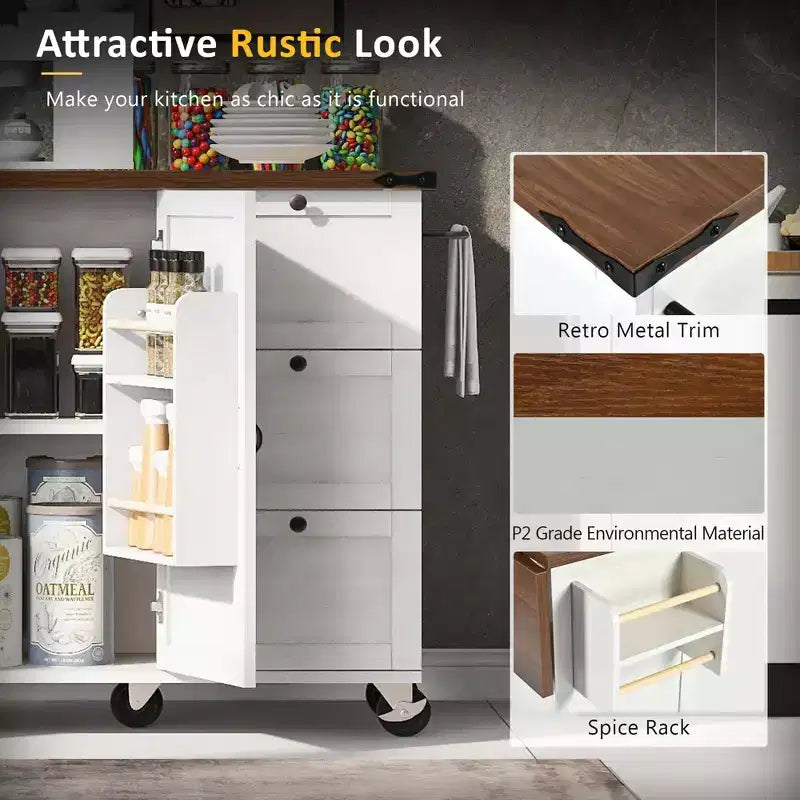 Isola da cucina mobile da 54,5" stile rustico con presa elettrica, ribalta e portaspezie