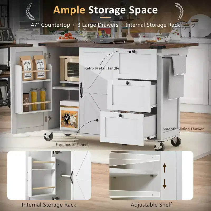 Isola da cucina mobile da 54,5" stile rustico con presa elettrica, ribalta e portaspezie