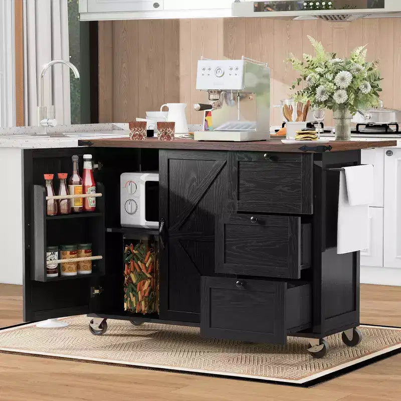Isola da cucina mobile da 54,5" stile rustico con presa elettrica, ribalta e portaspezie