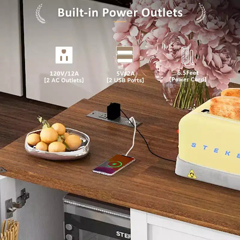 Isola da cucina mobile da 54,5" stile rustico con presa elettrica, ribalta e portaspezie