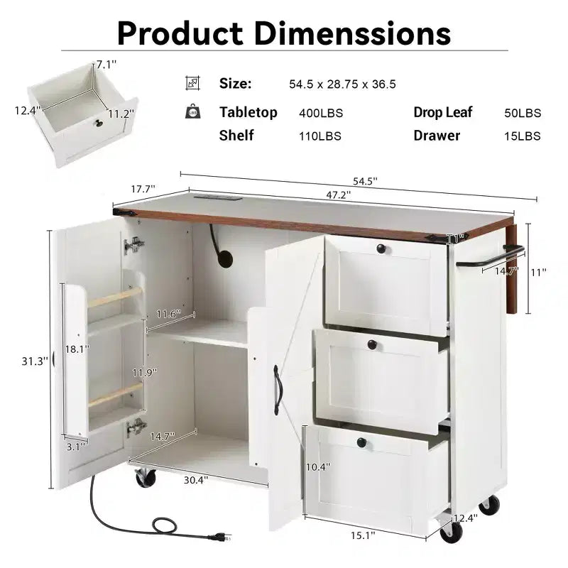Isola da cucina mobile da 54,5" stile rustico con presa elettrica, ribalta e portaspezie