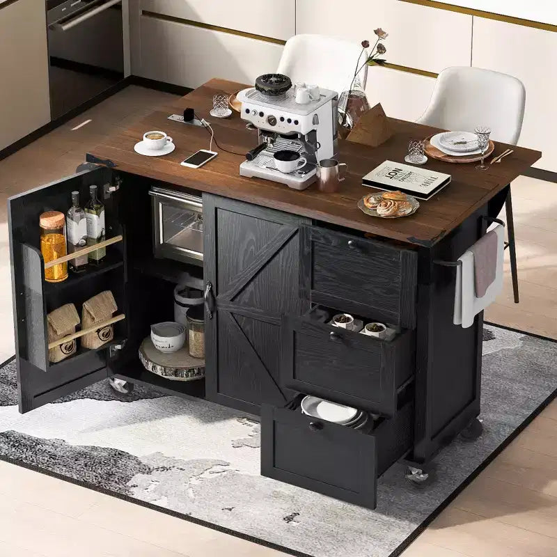 Isola da cucina mobile da 54,5" stile rustico con presa elettrica, ribalta e portaspezie