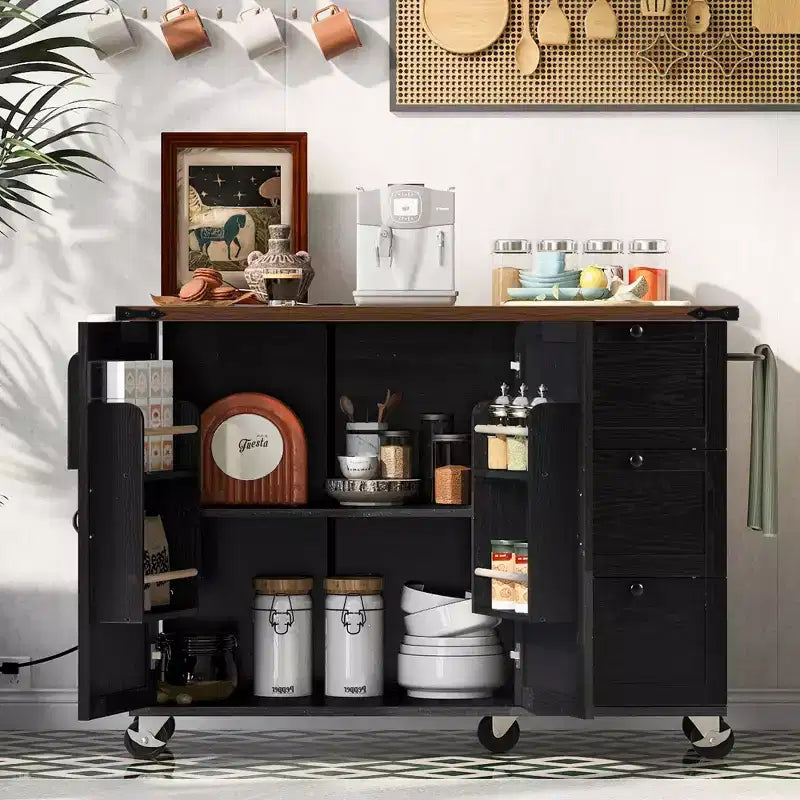 Isola da cucina mobile da 54,5" stile rustico con presa elettrica, ribalta e portaspezie