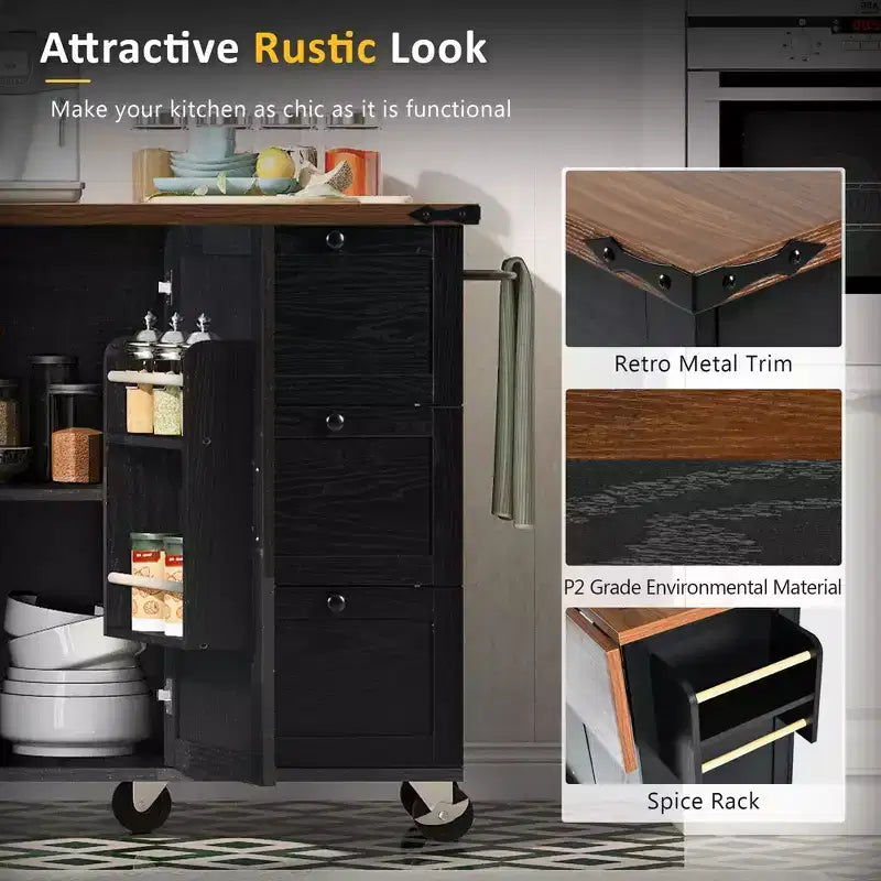 Isola da cucina mobile da 54,5" stile rustico con presa elettrica, ribalta e portaspezie