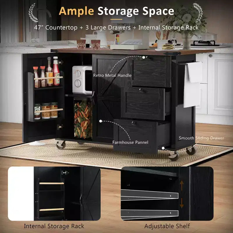Isola da cucina mobile da 54,5" stile rustico con presa elettrica, ribalta e portaspezie