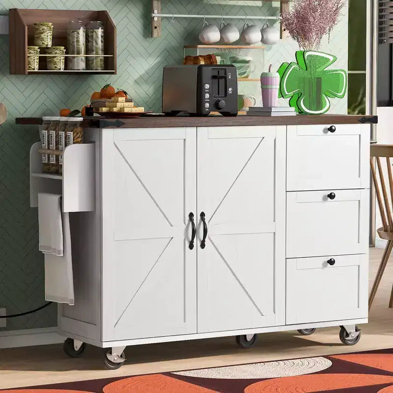 Isola da cucina mobile da 54,5" stile rustico con presa elettrica, ribalta e portaspezie