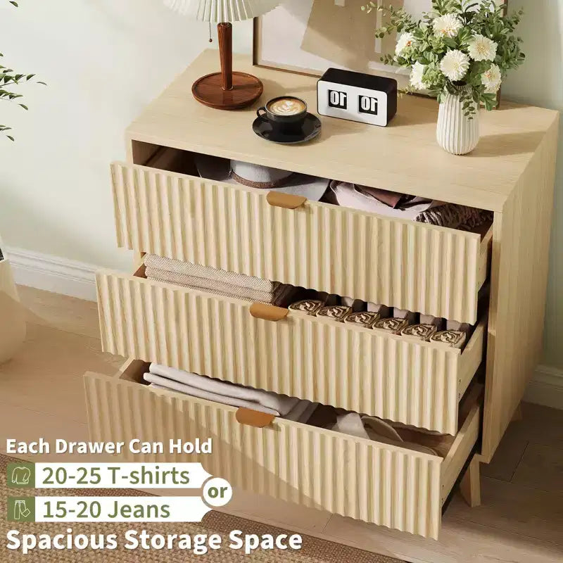 Comò a 3 cassetti, cassettiere moderne a doghe, cassettiera in legno, organizer per cassetti